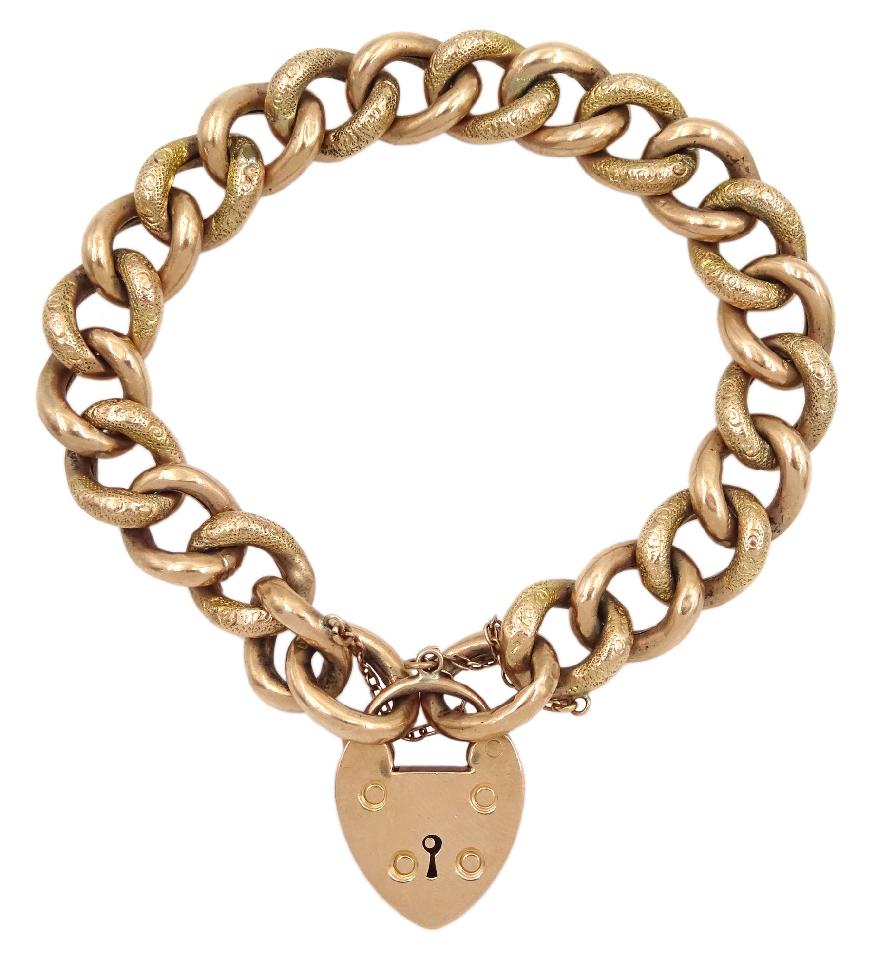 Edwardian 9ct rose gold curb link bracelet, with heart locket clasp by ...