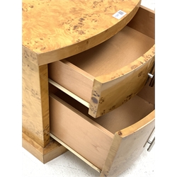 Pair Art Deco style figured maple bow front bedside cabinets, two drawers fitted with polished metal handles, W50cm, H54cm, D49cm