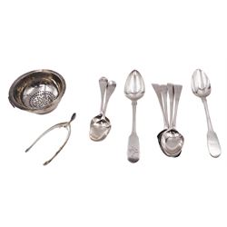 Group of silver, comprising George III wine strainer, maker's mark TH, no date letter, mid 20th century wishbone sugar nips, hallmarked James Swann & Son, Birmingham 1958 and eight Georgian and later teaspoons, with various dates and makers