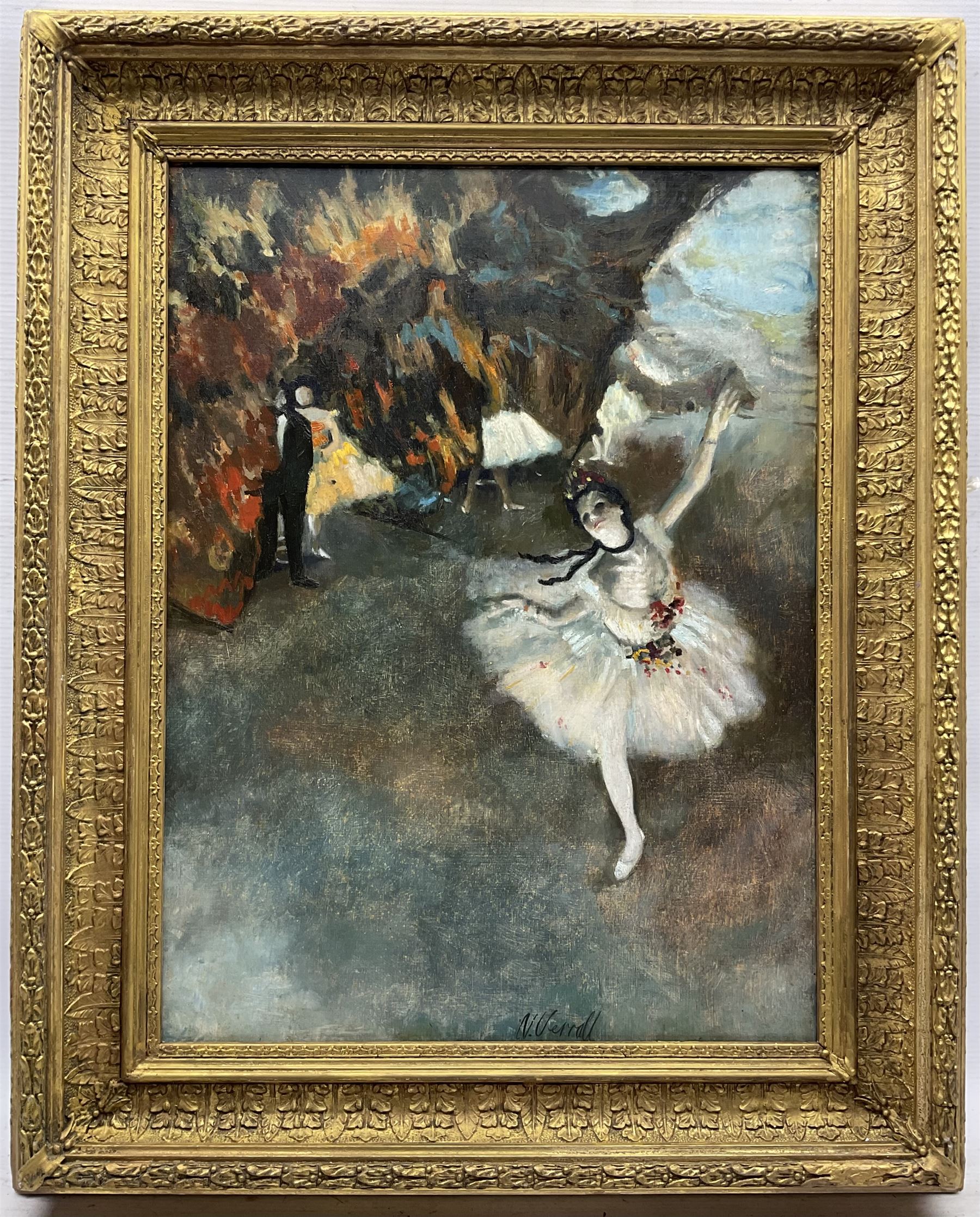 Nicholas Verrall RBA ROI (British 1945-) after Edgar Degas (French 1834-1917): 'The Star' - Rosita Mauri on Stage, oil on panel signed 53cm x 39cm