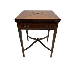 Edwardian mahogany envelope card table, four hinged square top with satinwood and ebony stringing, opening to reveal inset baize centre, fitted with single drawer, raised on square tapering supported united by waived X-stretcher