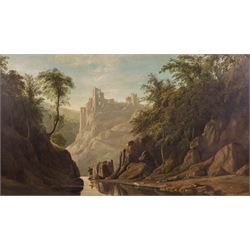 Circle of Francis Danby (Irish 1793-1861): Wooded Valley with Fisherman and Castle, oil on panel unsigned 46cm x 80cm in magnificent swept gilt frame