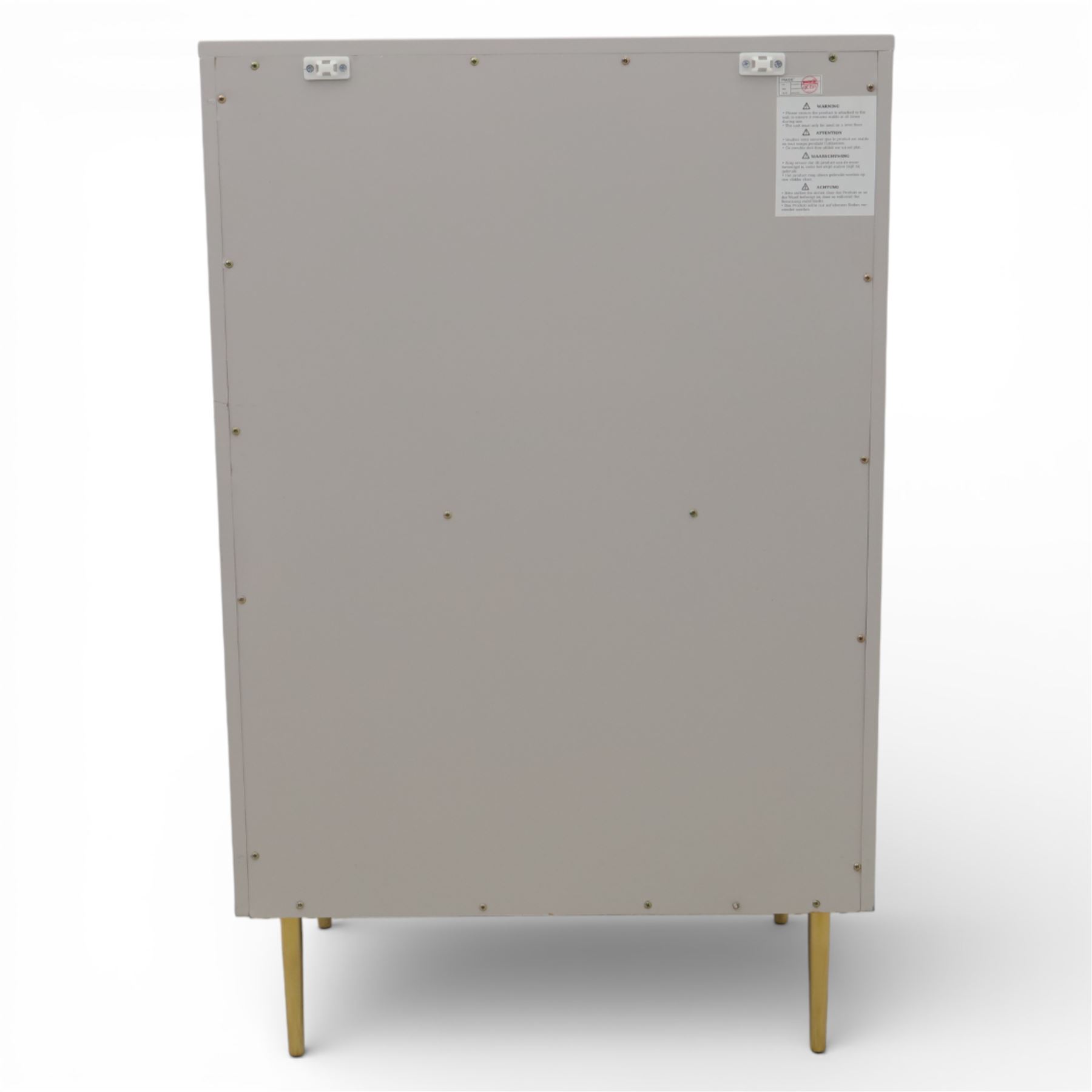 Made.com - 'Ebro' grey four drawer chest, gold painted metal shaped handles, rounded corners with fluted detail, raised on gold painted metal tapered supports