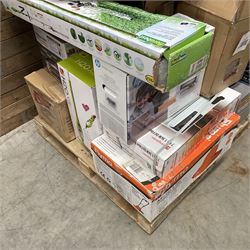 Collection of boxed items including a Flymo Micro Lite lawn mower, HP printer, Daewoo Halogen Air Fryer, an oil filled radiator etc