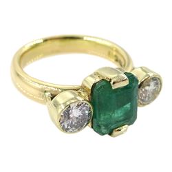 18ct gold three stone emerald and round brilliant cut diamond ring, hallmarked, total diamond weight approx 1.00 carat