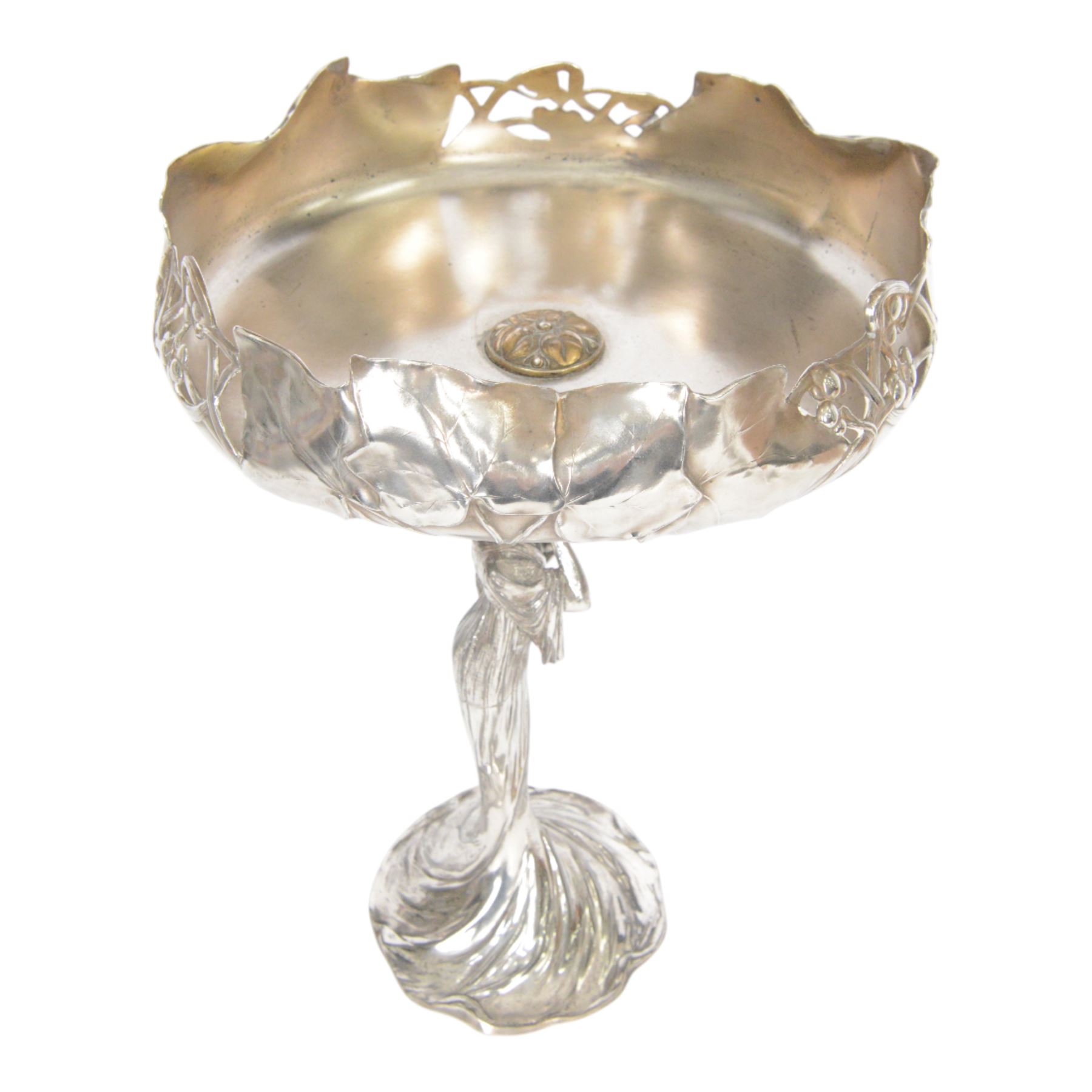 WMF figural centre piece the pedestal in the form of a woman, holding flower bud, the bowl decorate with vine leaves and berries, mark stamped to base, H38cm