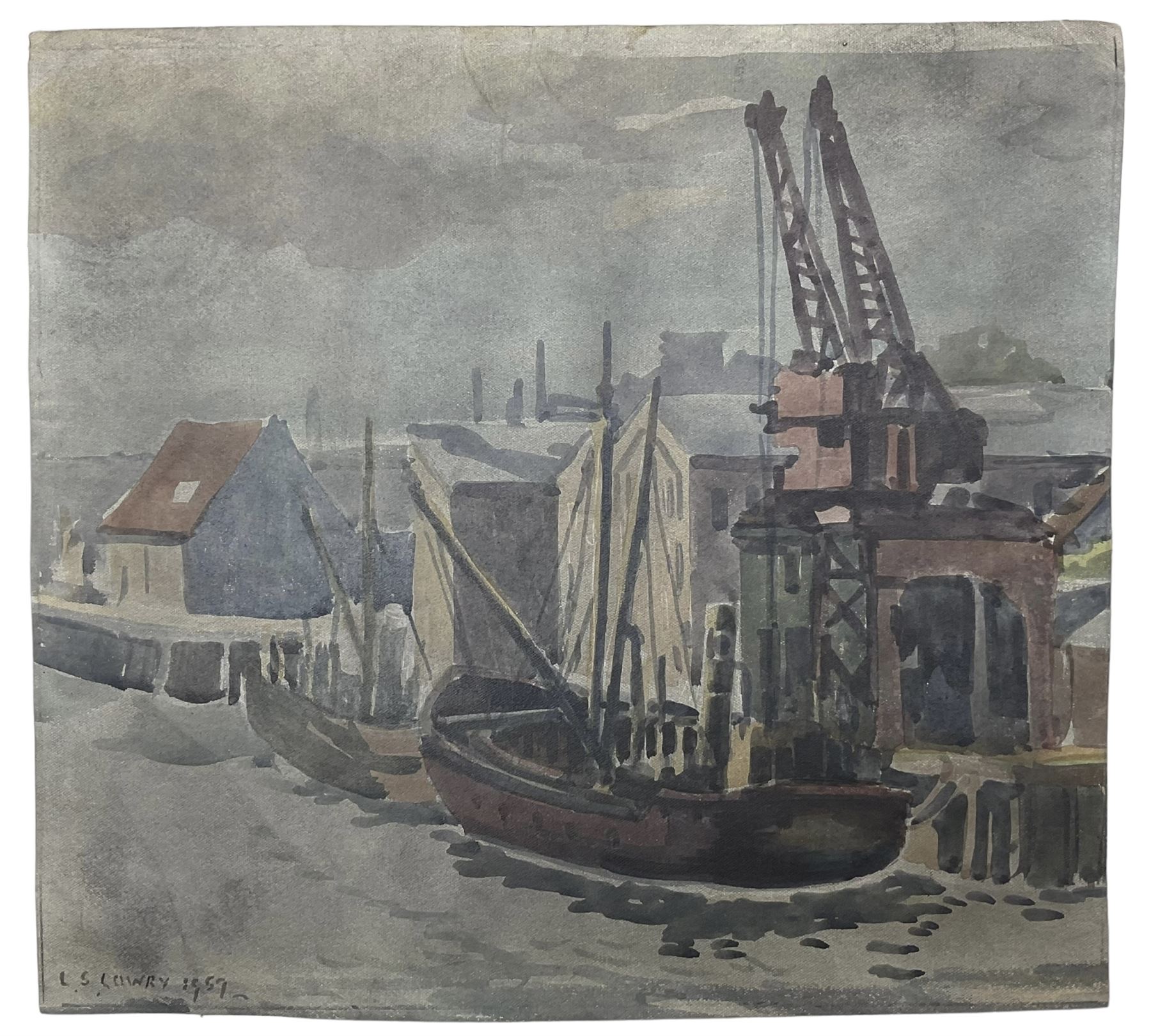 After Laurence Stephen Lowry RBA RA (Northern British 1887-1976): The Shipyard, watercolour bearing signature and dated 1959, with similar watercolour verso 28cm x 30cm (unframed)