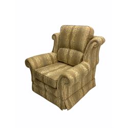 Wade - traditional shape armchair, upholstered in pale cream and Regency striped fabric