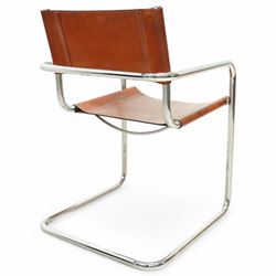 Pieff - circa. 1970s chrome framed armchair with black leather upholstered cushions (W60cm); together with a mid-20th century chrome framed chair in the manner of Mart Stam (W55cm)