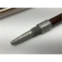 Early 20th century curved horn handle walking stick with hallmarked silver mounts, engraved L Russell 1918, together with a shooting stick by William Mills Birmingham, with leather handle, 'The Featherwaite' shooting stick and an umbrella with wooden handle