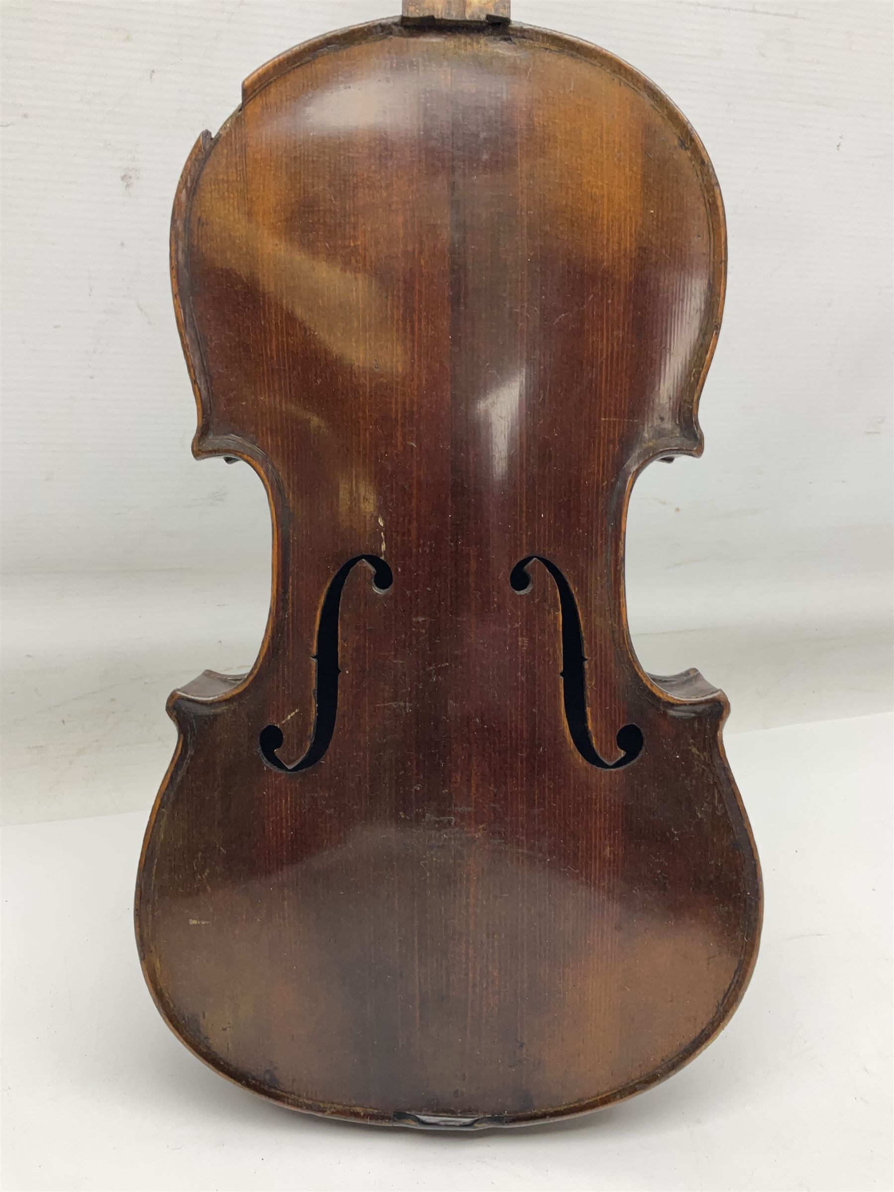 German trade violin c1900 stamped PAGANINI with 35.5cm two-piece maple back and ribs and spruce top L58.5cm overall; in carrying case; and another German trade violin for spares or repair; in carrying case (2)
