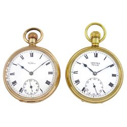 American gold-plated open face 15 jewels keyless lever pocket watch by Waltham, No. 15508542 and one other open face 15 jewel keyless lever presentation pocket watch, the inner dust cover engraved 'British Rail H. Townend in Appreciation of 38 Years Service 1975'