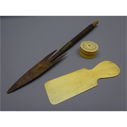  Wire bound iron spear head, L32cm, Victorian turned bone pill box and cover, D4cm and a similar bookmark, H15cm (3)  