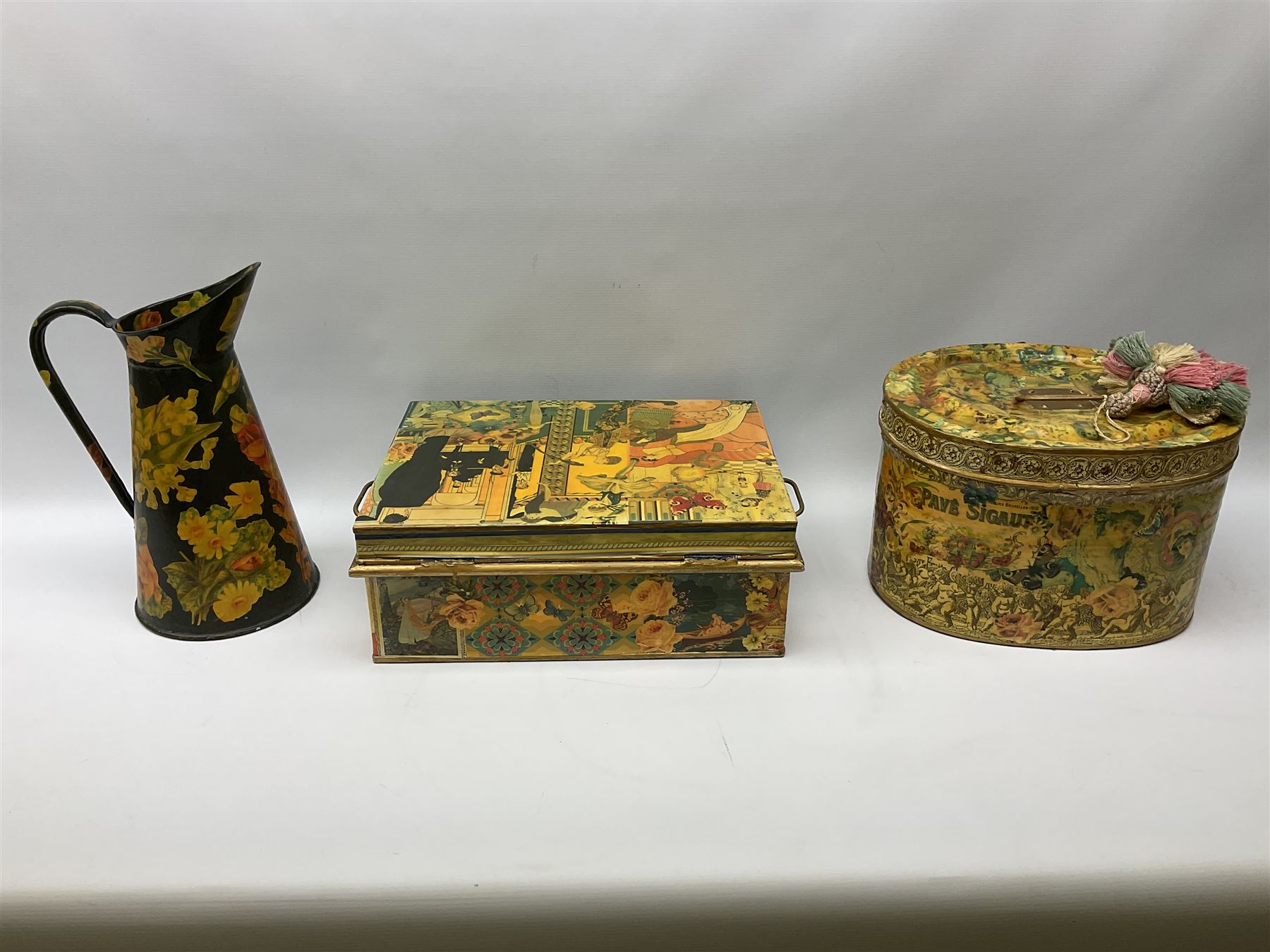 Modern Decoupage hat box with guilt detail together with a decoupage jug and box, hatbox H24cm