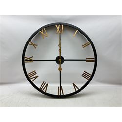 Distressed black and brushed gold metal skeleton station clock, D83cm