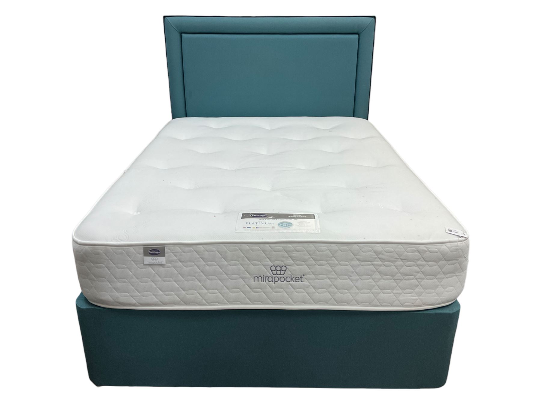 Silentnight - 4' 6'' double divan bed, upholstered in blue fabric with headboard