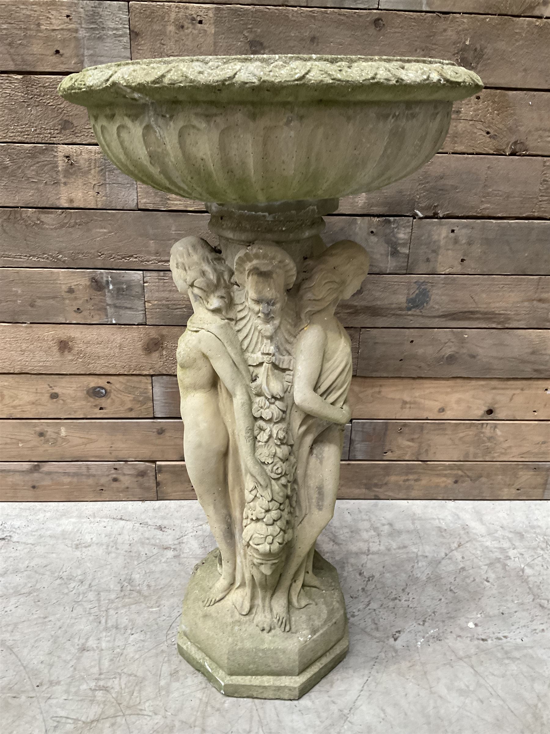 Cast stone bird bath, pedestal in the form of 'The Three Graces'
