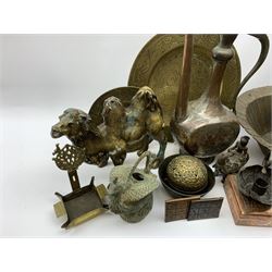 Collection of Eastern metal ware including a brass model of a Camel, copper finish Dallah, Chinese jug in the form of a Peacock, large copper bowl etc 