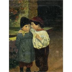 W H Pearson (British 19th/20th Century): 'Plotting Mischief', oil on canvas board, possibly faintly signed l.r., titled on the mount, inscribed 'W H Pearson' in a later hand beneath frame verso 12.5cm x 8.5cm