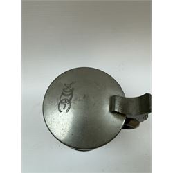 Arts and Crafts or Jugendstil tankard by Richard Riemerschmid, circa 1906, the cylindrical stoneware body reading 'Gaudeamus Igitur' (therefore let us rejoice), and finished in a brown glaze, with engraved slightly domed hinged lid, impressed mark beneath for Reinhold Merkelbach Grenzhausen, model number 2026 W, H14.5cm 