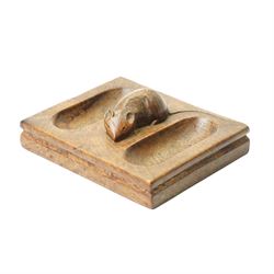 Mouseman - oak rectangular double pin tray, with carved mouse to centre, with carved mouse...