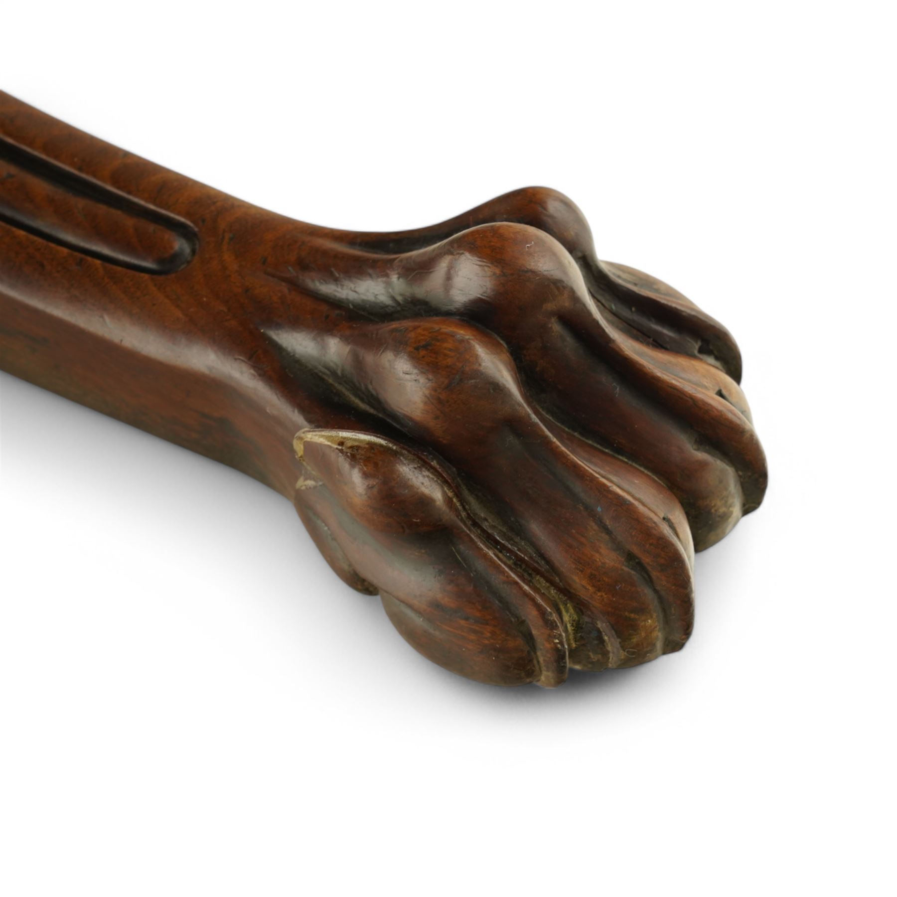 Large Regency mahogany breakfast table, figured rectangular tilt-top with rounded corners, on wide turned pedestal with four out-splayed moulded supports, paw carved terminals with recessed castors 