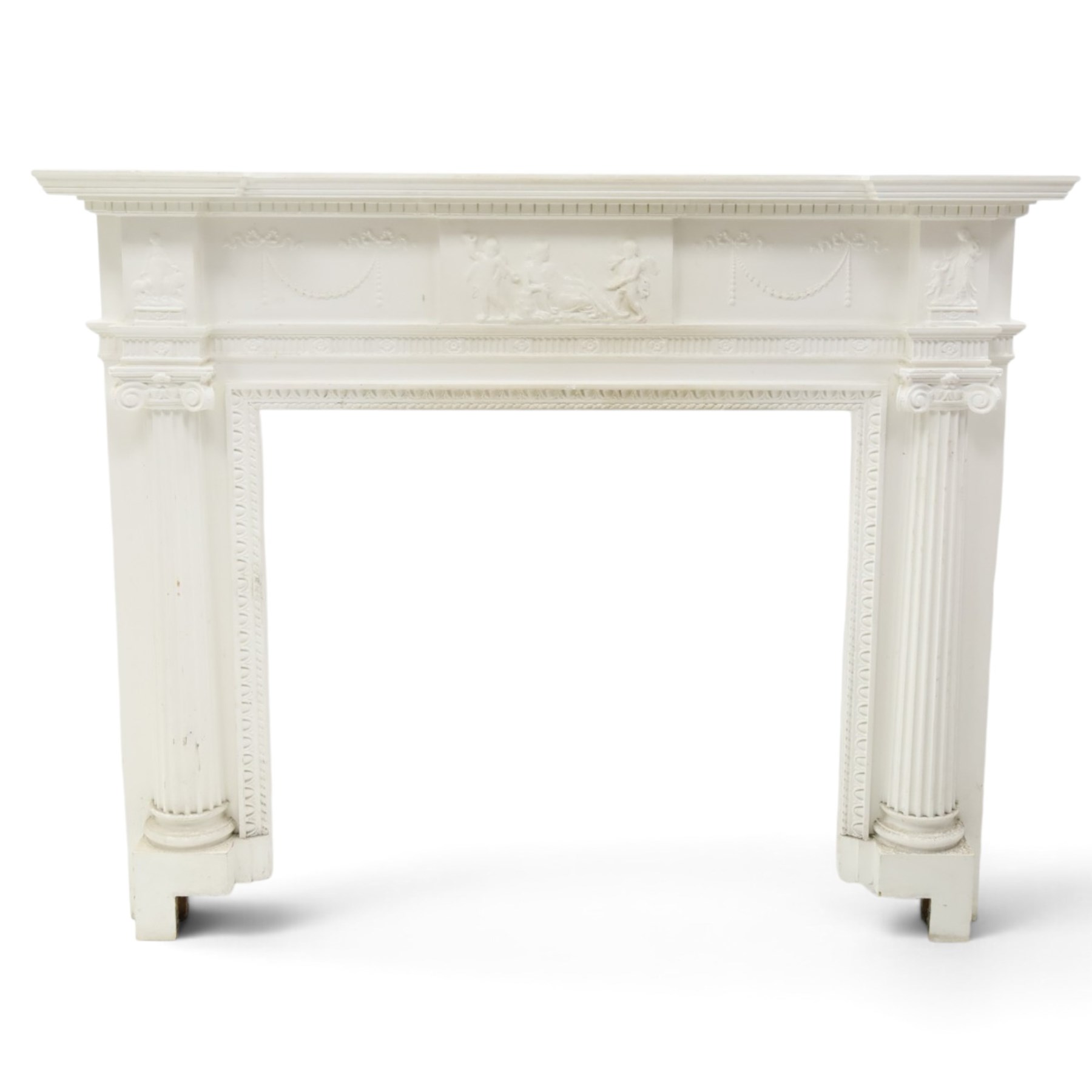Large Adam's design white painted Neoclassical fire surround, the frieze moulded with goddess and cherubic motifs with bellflower festoons, egg-and-dart moulded inner slip flanked by Ionic capitals on classical columns