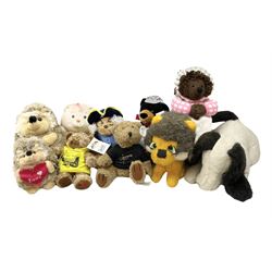 Ten soft tots including Chad Valley Lenny the Lion; Snoopy type dog; Fluffy Hedgehogs; pink Care Bear; souvenir bears for Niagara Falls, Benjamin Franklin and Andre Rieu; Rocky Mountaineer Traindriver; knitted Mrs. Tiggy-Winkle etc; all unboxed (10)