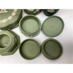 Collection of  Wedgwood green Jasperware, to include large jug, vases, trinket dishes, etc together with two teal Jasperware vases 