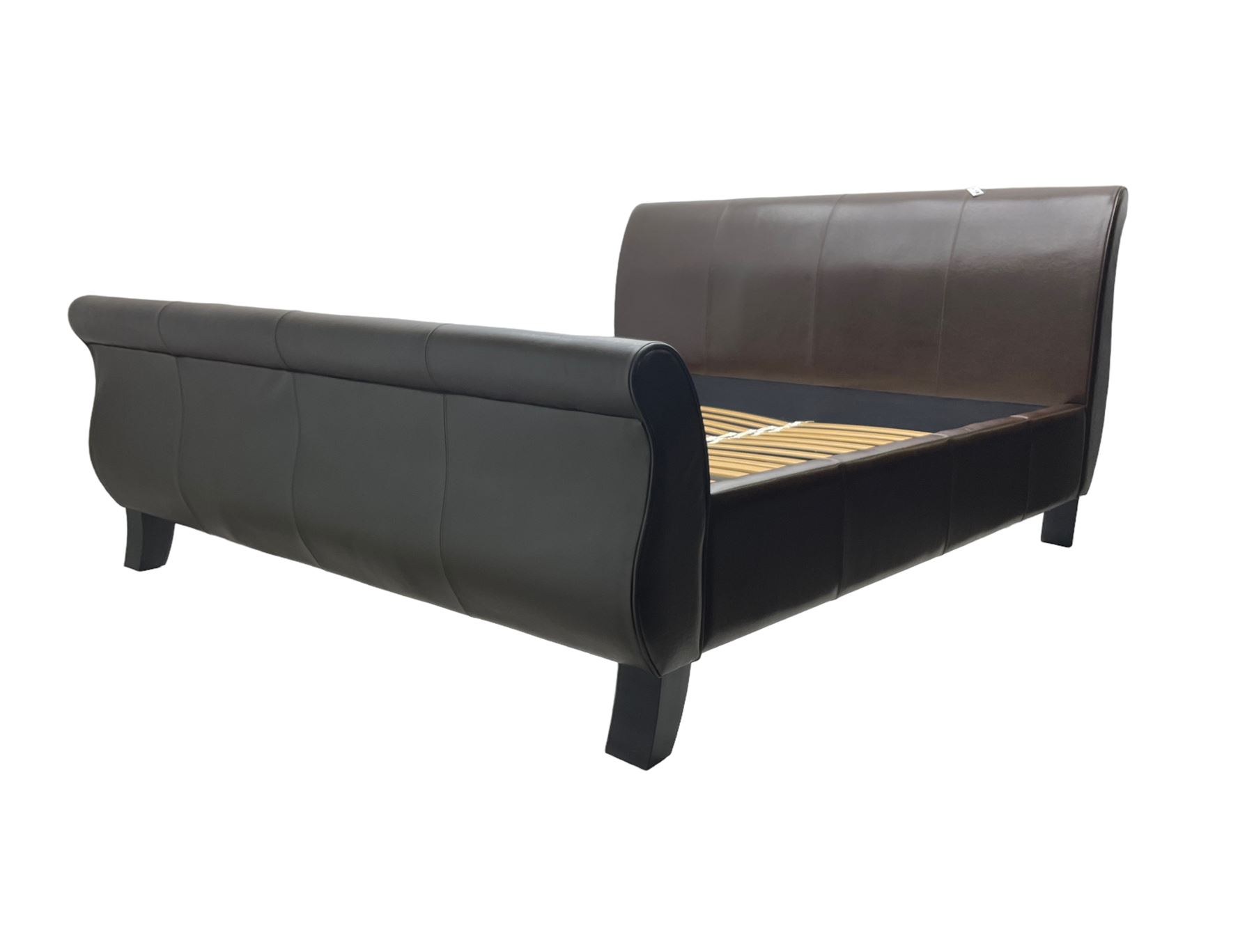 Super king 6' sleigh bed, upholstered in chocolate brown leather, with ebonised splayed feet