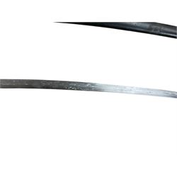 Replica Japanese katana with 63cm curved single edged blade in scabbard, overall L93cm, together with dagger with brass handle in a leather scabbard 