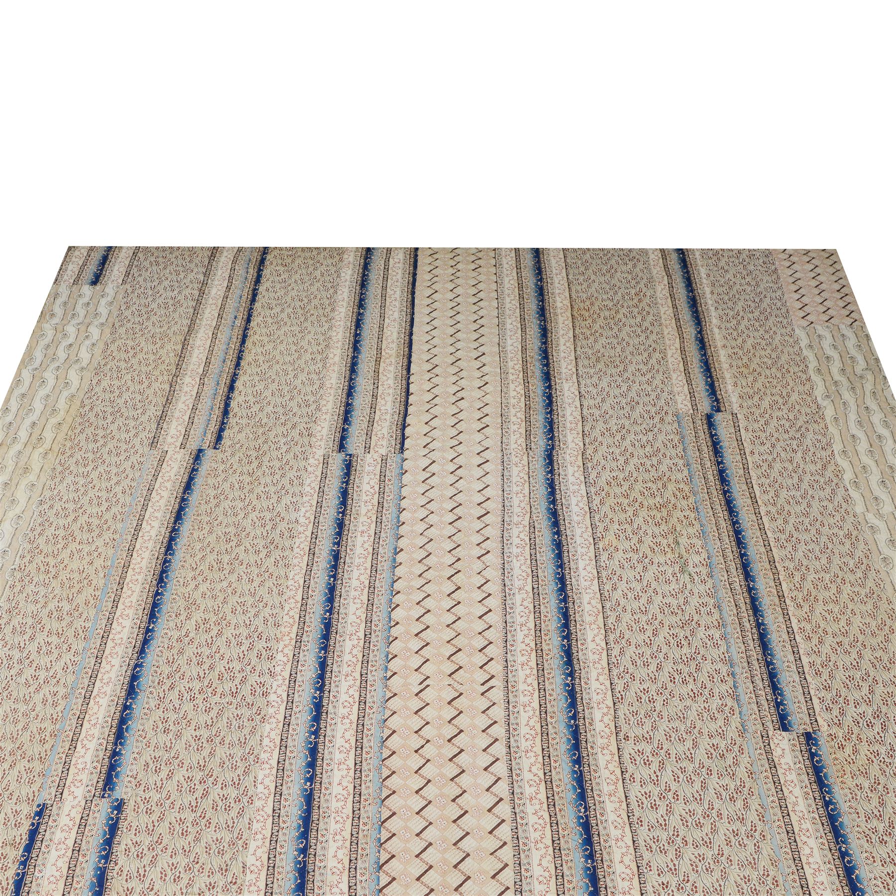 Handmade large patchwork quilt bedspread made up of individual squares of multi-coloured cottons and backed in a cream cotton, 243cm x 284cm 