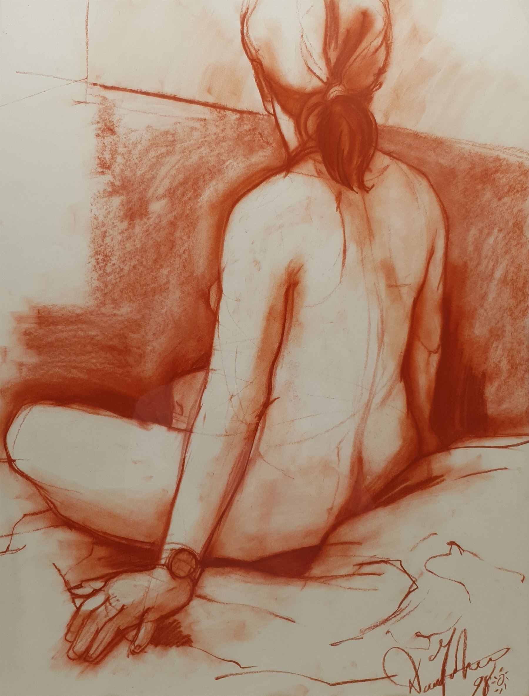 David Fisher (British 1963-): Seated Nude, sanguine signed and dated '98, 63cm x 47cm