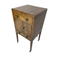 Georgian mahogany washstand cabinet, the double hinged lid opens to reveal wash basin and lift up tilting mirror, false drawer over double cupboard and drawer, on square supports with brass cups and castors