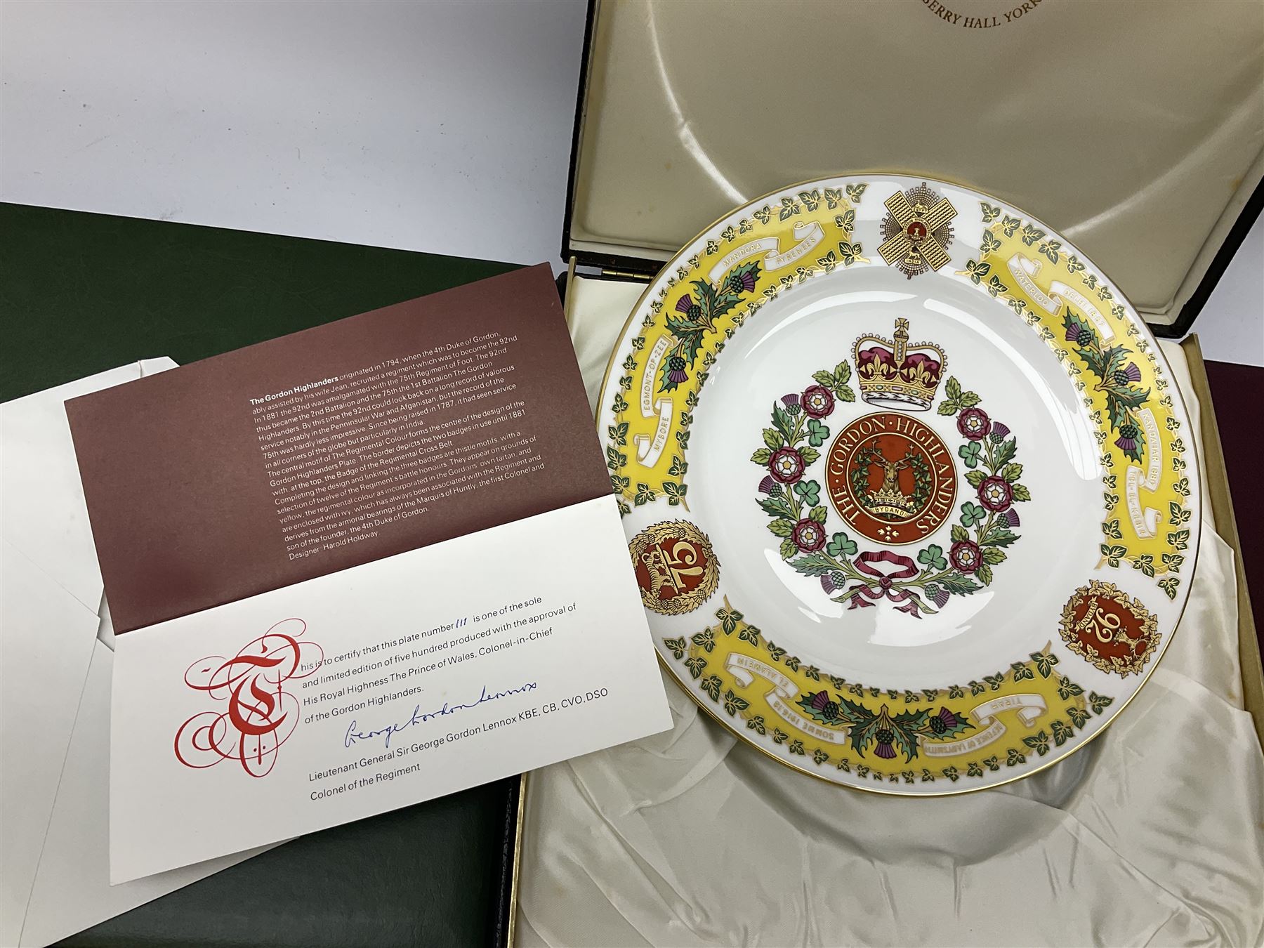 Seven limited edition Spode Military collector's plates comprising The Argyll & Sutherland Highlanders, The Gordon Highlanders, The Royal Hampshire Regiment, The Royal Welch Fusilliers, The Cheshire Regiment, The Gloucestershire Regiment and The United States Marines, all boxed and with certificate  (7)
