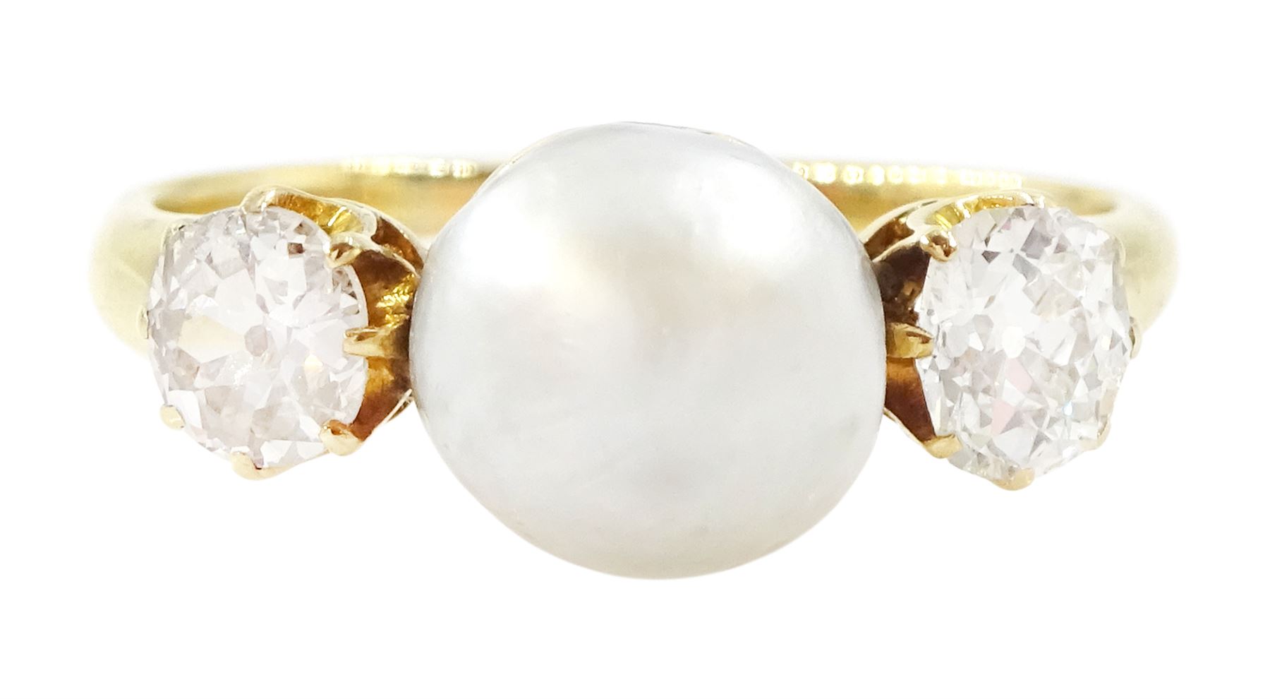 Early 20th century 15ct gold pearl and diamond three stone ring, single grey pearl with an old cut diamond set either side, total diamond weight approx 0.55 carat