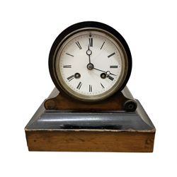 French- late 19th century mahogany and ebonised 8-day mantle clock c1890, cased drum movement with an enamel dial, Roman numerals and steel moon hands, countwheel striking movement, sounding the hours on a bell. With pendulum.