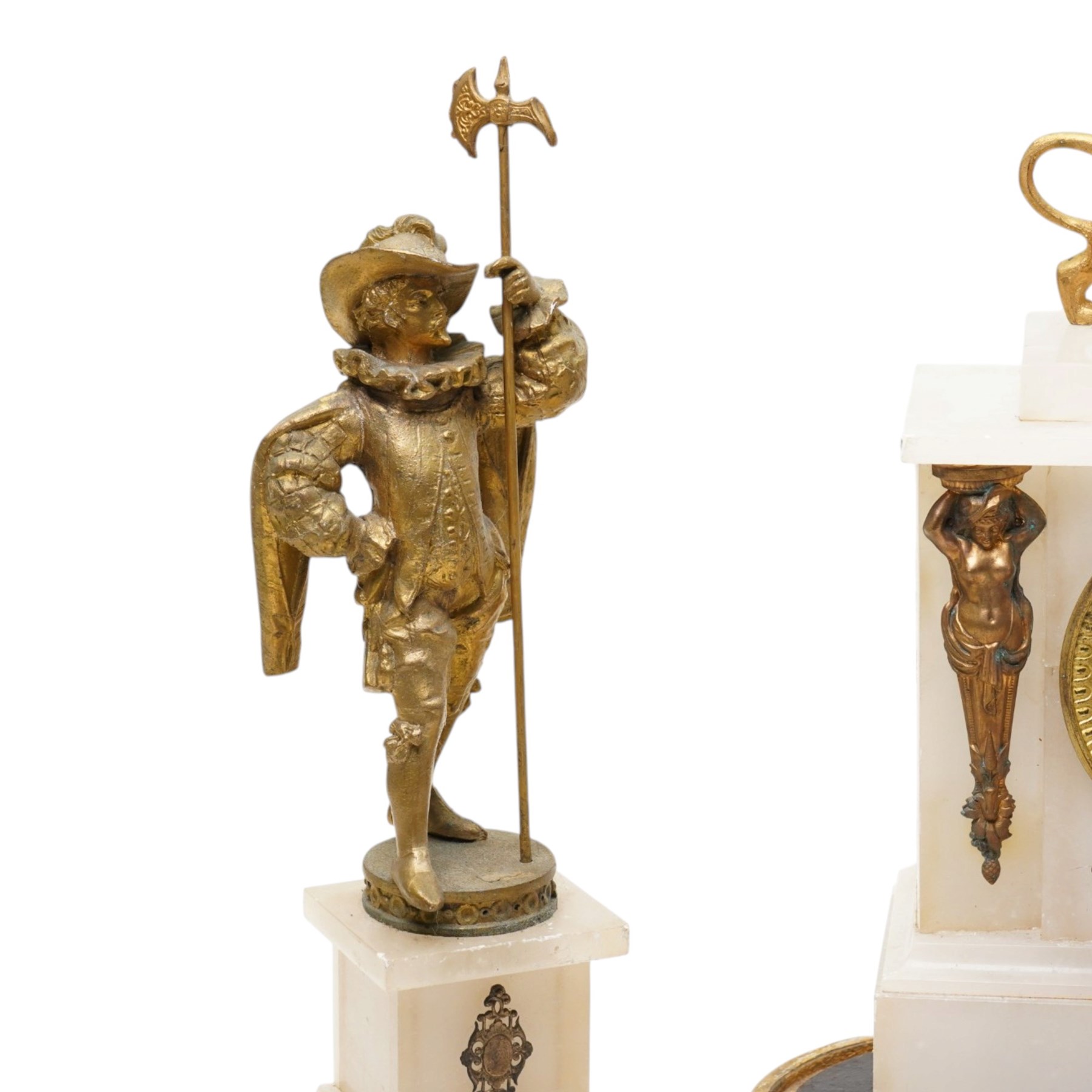 Late 19th century garniture comprising mantel clock in alabaster case and pair of mantel ornaments