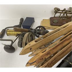 Brass telescope, together with various other collectables, to include mosley tie press, metal tins, oil cans etc 