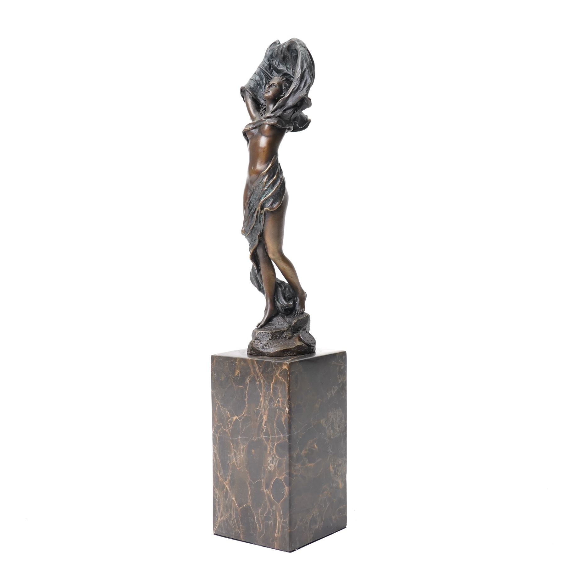 After Angelo Basso - art nouveau style bronze of a dancing lady, on marble base, H36cm