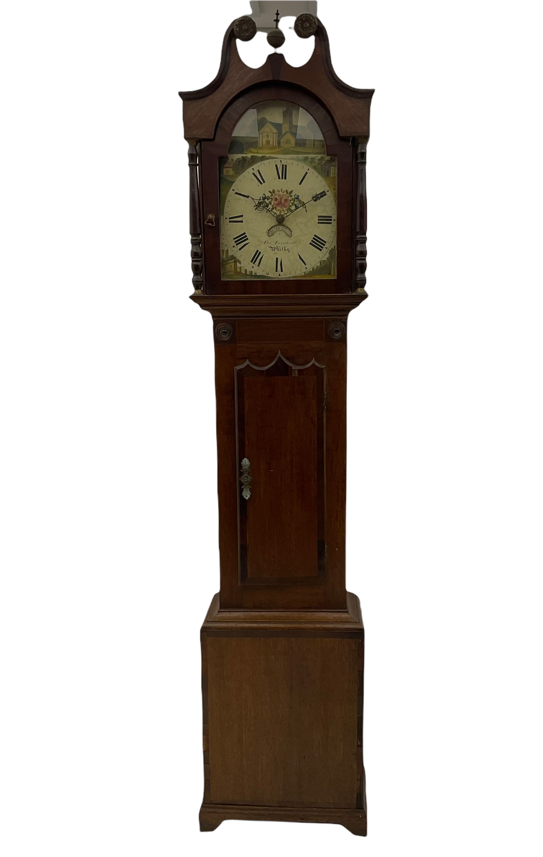 A 19th century Oak and Mahogany 30hr longcase clock retailed by “Turnbull of Whitby” with a tall swans neck pediment, brass ball and spire finial and two stamped brass paterae, glazed break-arch door flanked by two turned pillars, full-length wavy -topped trunk door on a rectangular base with applied shaped skirting, chain driven outside countwheel movement striking the hours on a cast bell, with a painted dial pinned directly to the movement, the arch depicting a country church, with a conforming ruin, country house and cottages to the spandrels, dial drawn with Roman numerals and minute markers with matching stamped brass hands, semi-circular date aperture and date ring behind. With weight and pendulum. 
The Turnbull family of Whitby clockmakers are recorded as working from Bridge Street, Whitby,  from 1784 to 1870.





