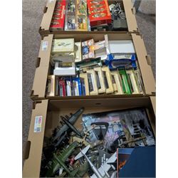 Collection of diecast model vehicles, including Corgi, Lledo and Matchbox, Atlas Editions aeroplanes and Britains soldiers, in four boxes