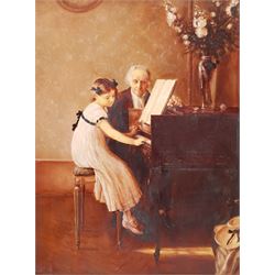 P K (English 20th century): The Music Lesson, oil on panel signed with initials 39cm x 29cm
