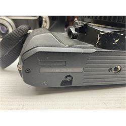 Collection of cameras and lenses, to include Pentax Program A camera body, serial no 123759, with 'Pentax-A zoom 1:3.5-4.5 28-80mm' len, Praktica EE2 camera body with 'Pentacon electric 1.8/50' lens etc, together with a Manfrotto tripod 