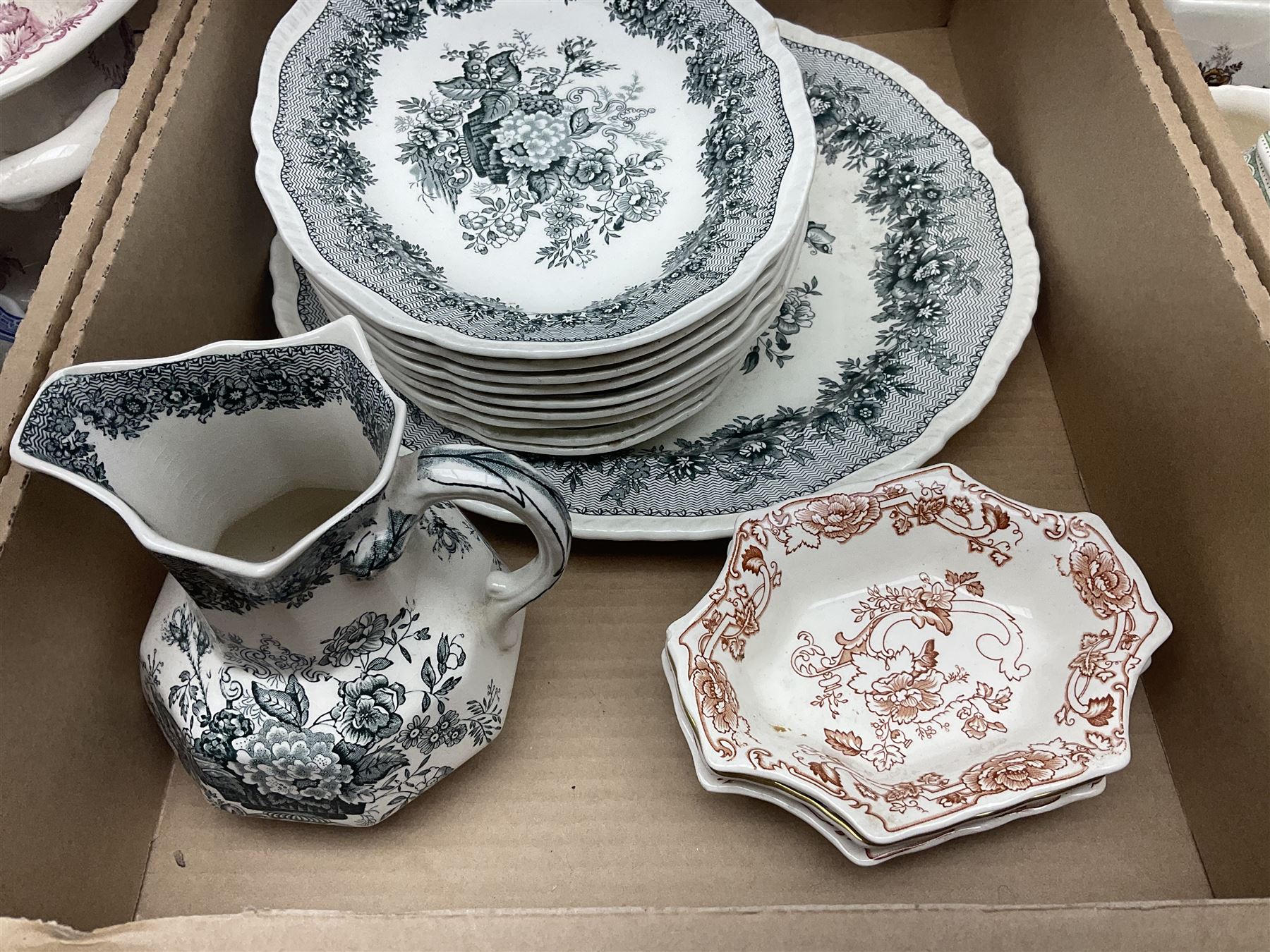 Masons Ironstone ceramics, including Ascot pattern jug, charger and oval plates, two tea jars, Manchu pattern fruit bowl, Fruit Basket pattern fruit bowl, etc, in three boxes