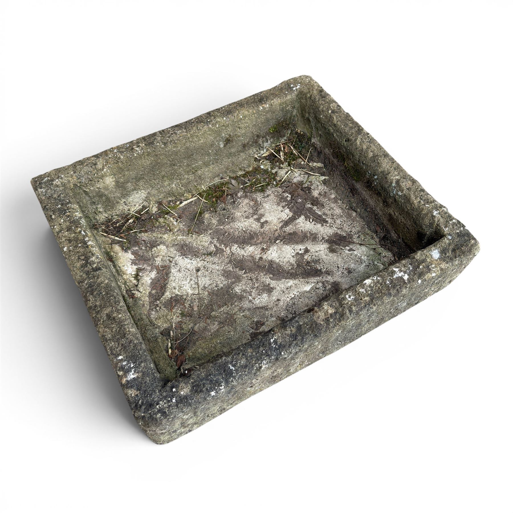 Three weathered composite stone rectangular planters, shallow form