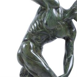 Patinated bronze Discobolus figure upon a rectangular base, H36cm 