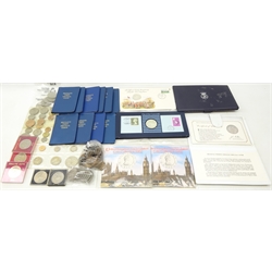  Collection of mostly Great British coins and medallic FDCs including 1937 'Royal Wedding Medallic First Day Cover' containing a sterling silver proof medal, 1979 'The Official Derby Bicentenary Medallic First Day Cover' containing a silver medal, 1976 'Day of the Concorde' commemorative stamp and medal set, two 1982 United Kingdom uncirculated coin sets, two 1953 coin sets in plastic wallets/packets, various commemorative crowns and other coinage  