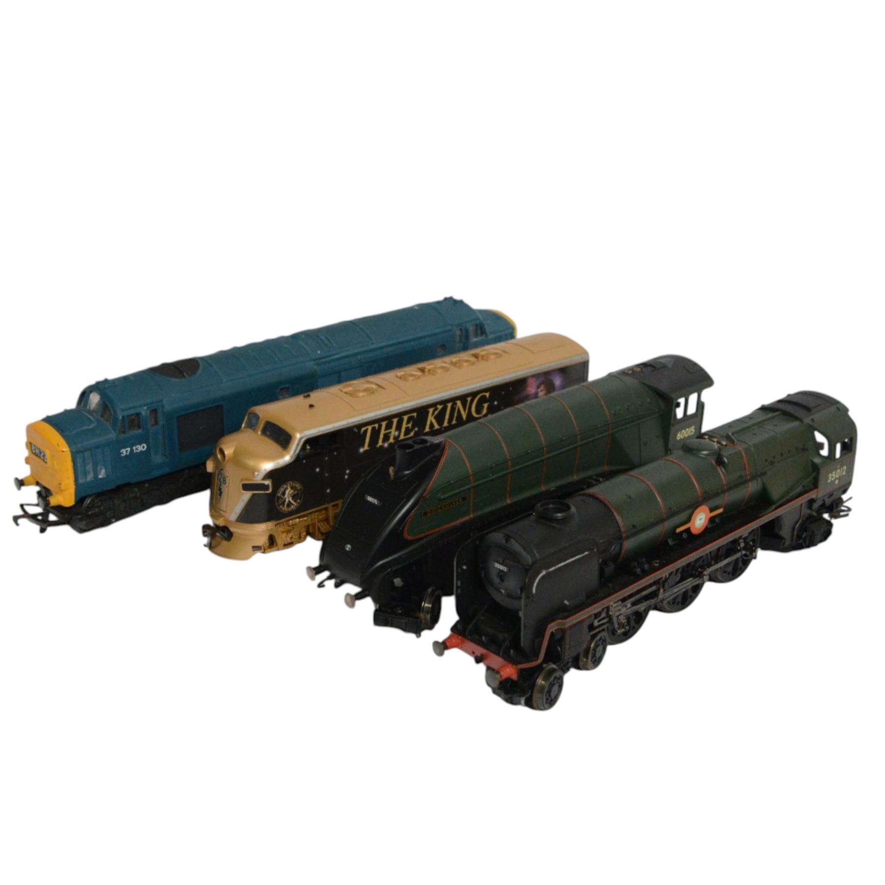 Seven 00 gauge locomotives, comprising Hornby R751 Class 37 diesel, Bachmann Elvis King of Rock And Roll Express, Hornby Merchant Navy United States Lines, Hornby A4 Class Quicksilver, three tank locomotives and two tenders, all unboxed