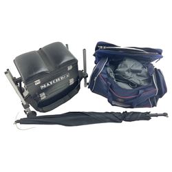 Fishing equipment to include Middy landing net, Matchbox S Class seatbox, umbrella, waterproof waders (size L) and jacket, 